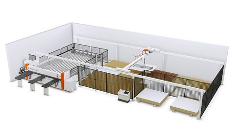Plattenlagersystem beschickt mit Druckbalkensäge - die Einstiegsvariante für das Handwerk Plattenlager STORE-MASTER von HOLZHER mit TECTRA Plattensäge