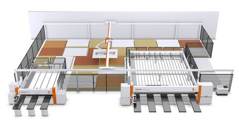 Plattenlagersystem von HOLZHER mit horizontalen Plattensägen als Zuschnittzentrum Plattenlagerlösung mit den Druckbalkensägen TECTRA und ZENTREX von HOLZHER