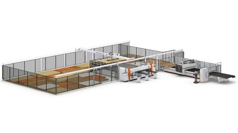 HOLZHER Plattenlagersystem mit horizontaler Plattensäge und Nesting-CNC-Maschine Lagerlösung STORE-MASTER mit Druckbalkensäge und Nesting