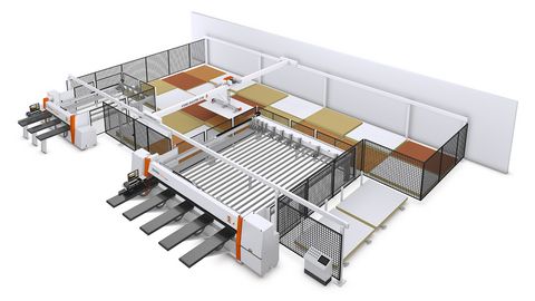 Plattenlagersystem von HOLZHER mit horizontalen Plattensägen als Zuschnittzentrum Plattenlagerlösung mit den Druckbalkensägen TECTRA und ZENTREX von HOLZHER